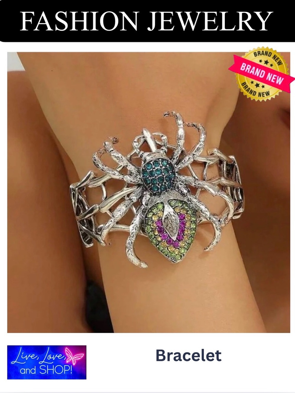 BRACELET: Silver Metal Spider Web w/Multicolored Eloquent Rhinestones, NWOT